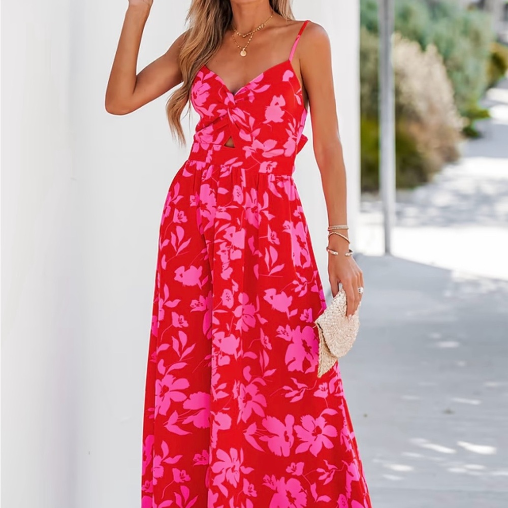 Cupshe Women’s Red $ Pink Floral Twist Front  Maxi Dress Sz L NWT!